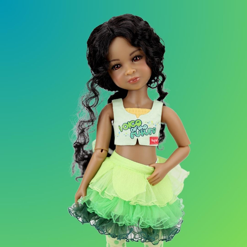 doll with black curly hair, brown complexion, brown eyes