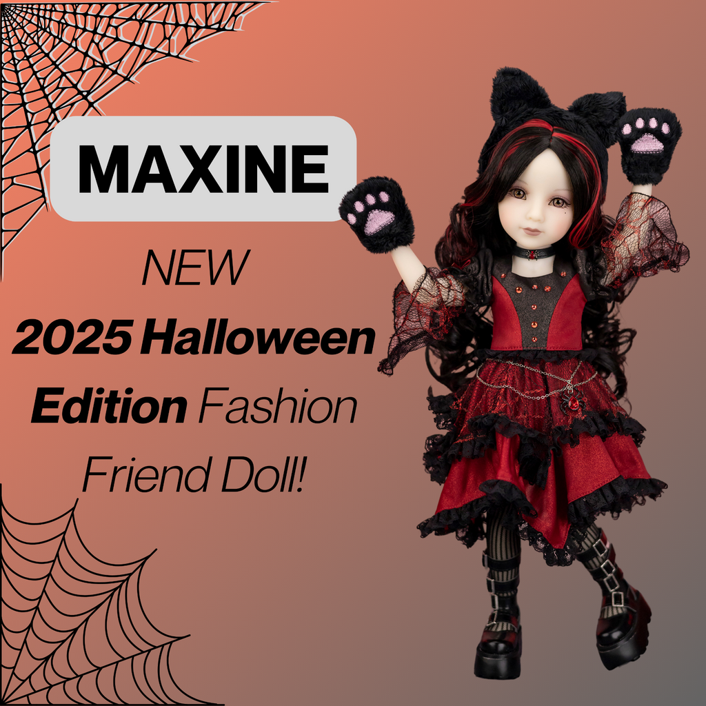 Halloween-themed ruby red fashion friend doll named Maxine with gothic cat costume.