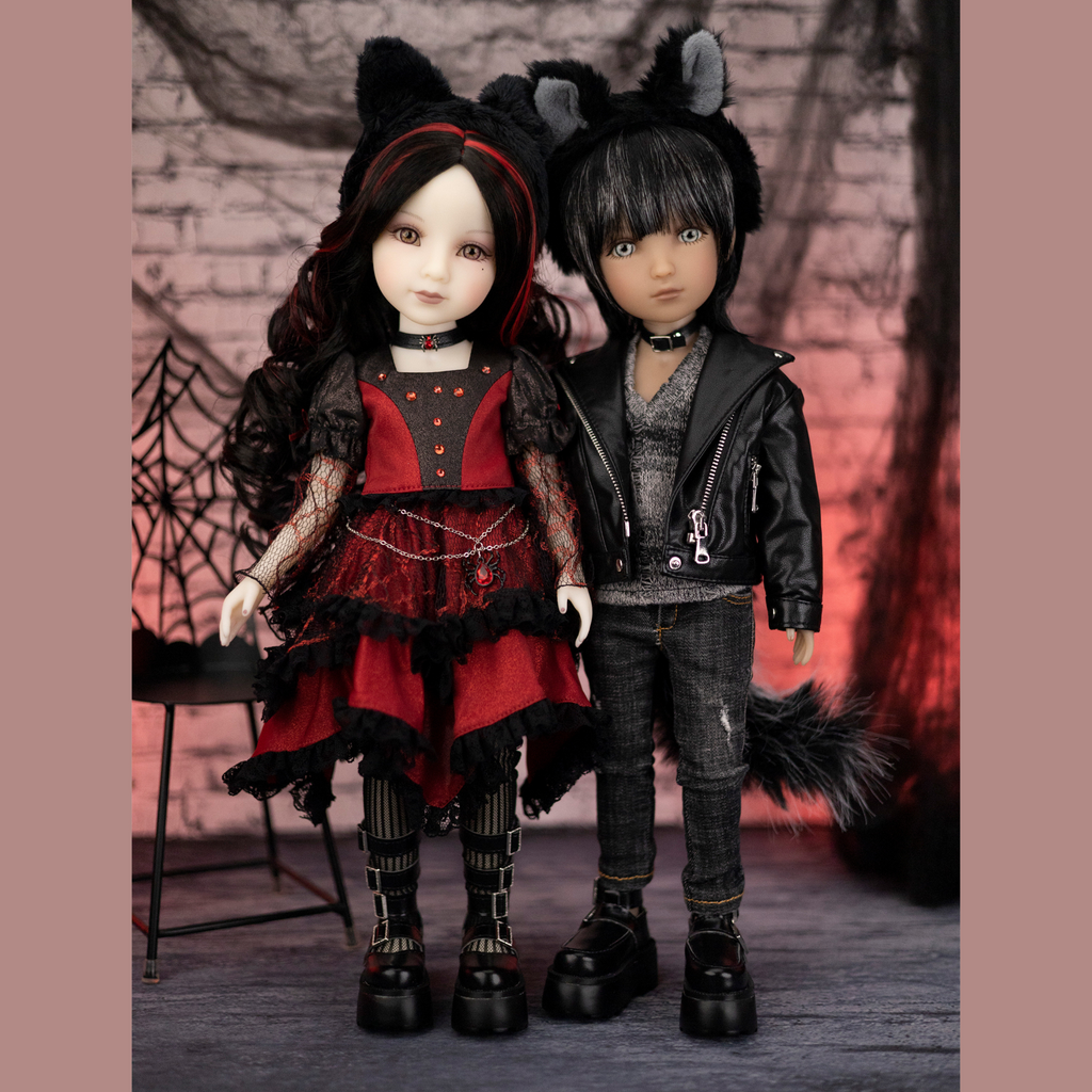 Two ruby red halloween edition dolls in gothic black and red cat outfits with ear and tails.