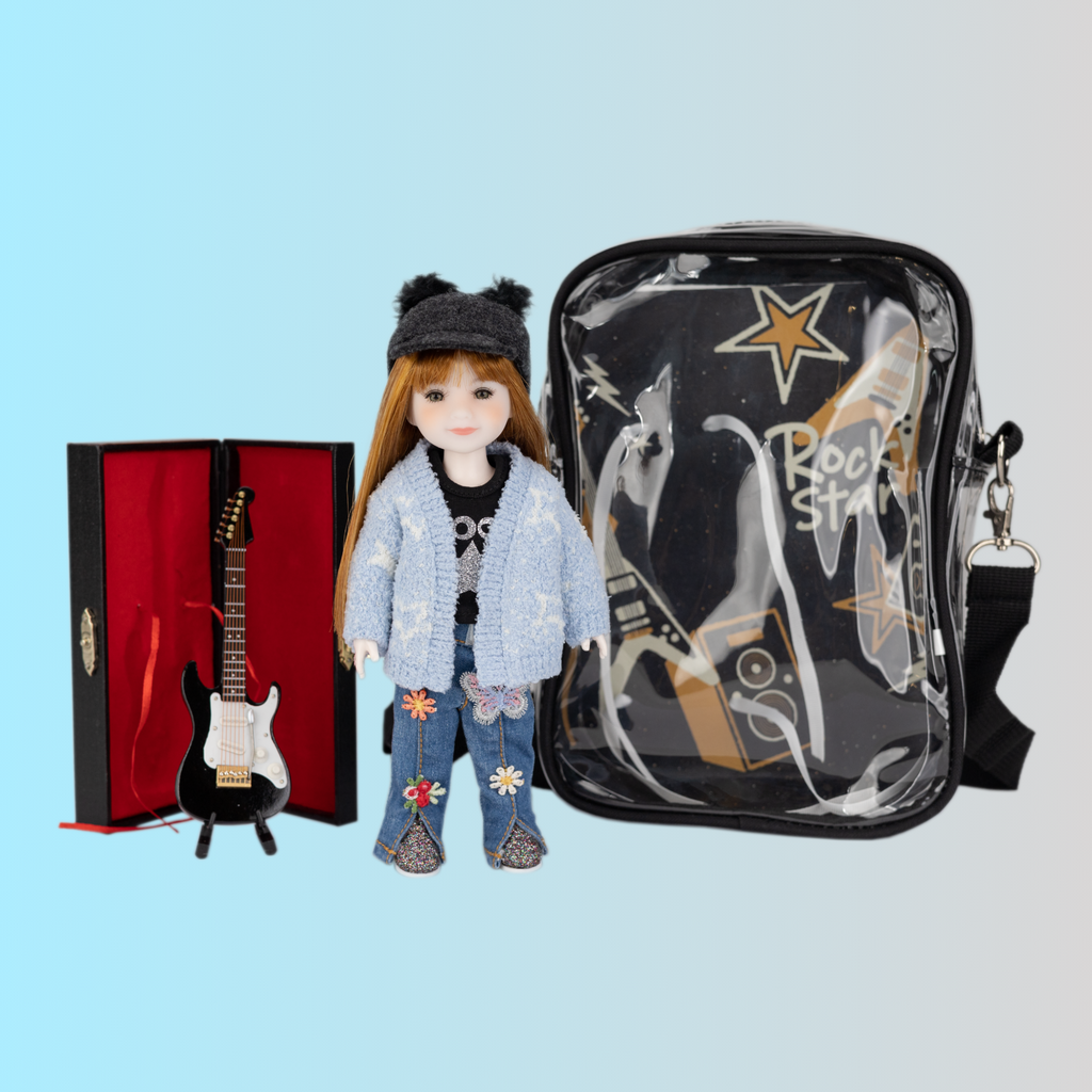 Doll with guitar and fashion accessories on a light blue background