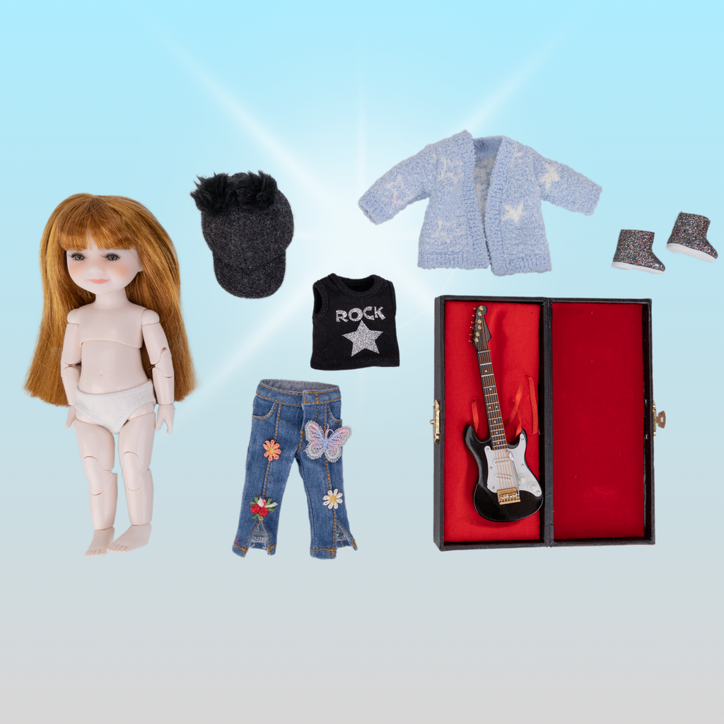 Doll with accessories including a guitar, clothes, and shoes on a light blue background