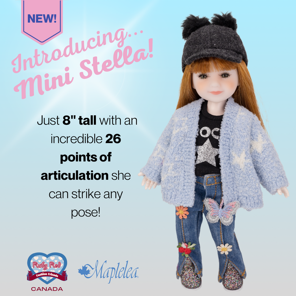 Doll named Mini Stella with text about her size and articulation points.