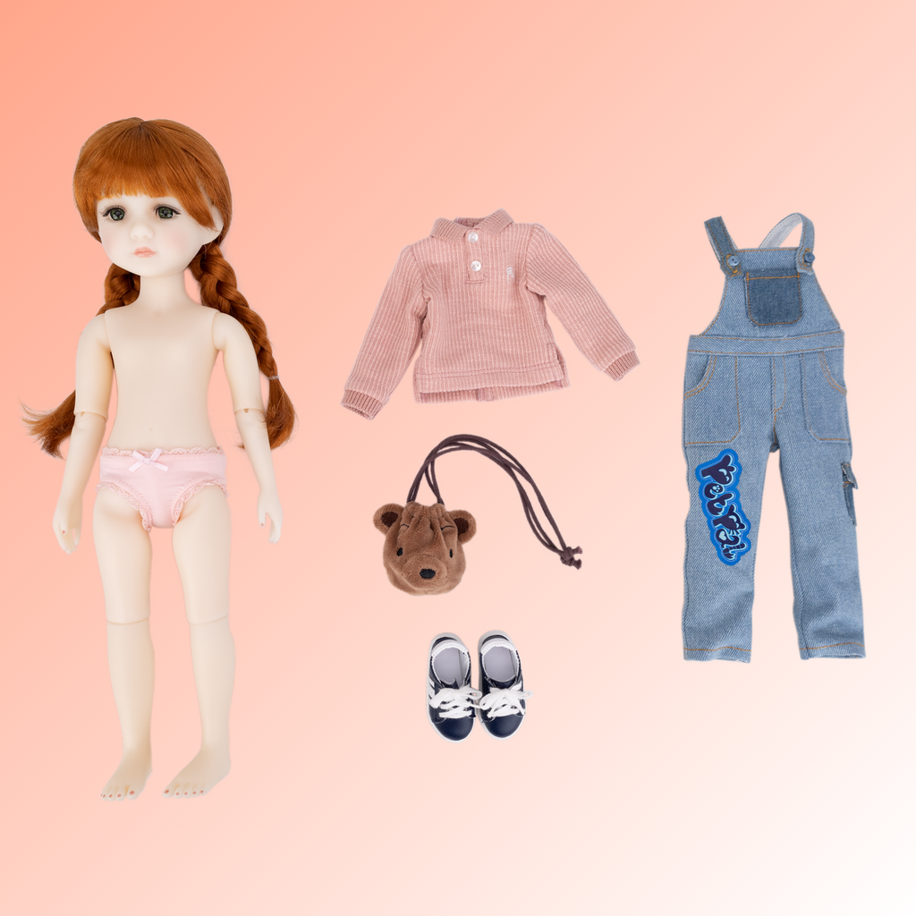 New ruby red core line doll tina with red hair and a pink shirt, blue overalls, shoes, and a teddy bear purse.