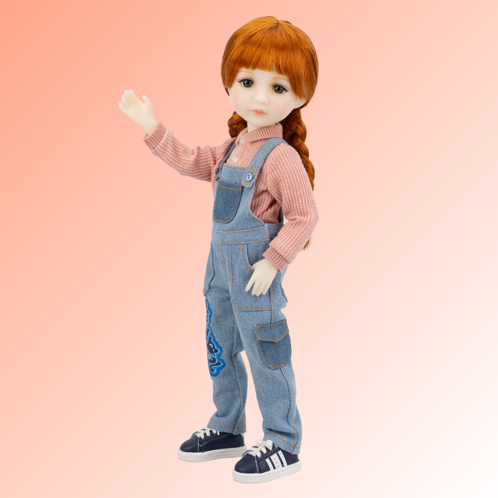 New ruby red core line doll Tina, wearing salmon coloured button up shirt and overalls with blue lace up sneakers.